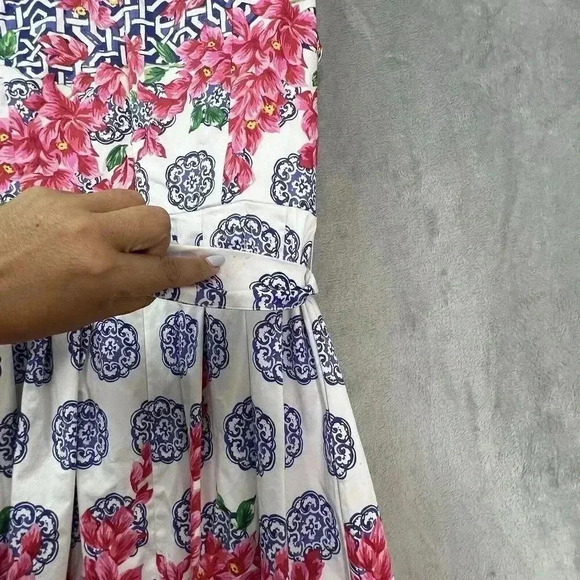 Talbot Mosaic Floral Sateen Fit & Flare Pink Blue Pleated Dress Knee Length Sz 8 - Picture 2 of 16